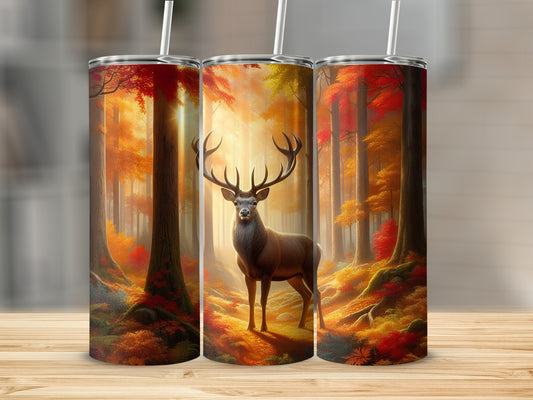 Deer in autumn forest with sunlight filtering through trees on three tumblers.
