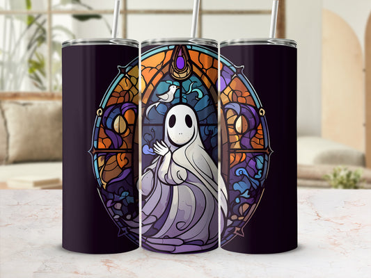 Ghost in stained glass design on a dark purple tumbler.