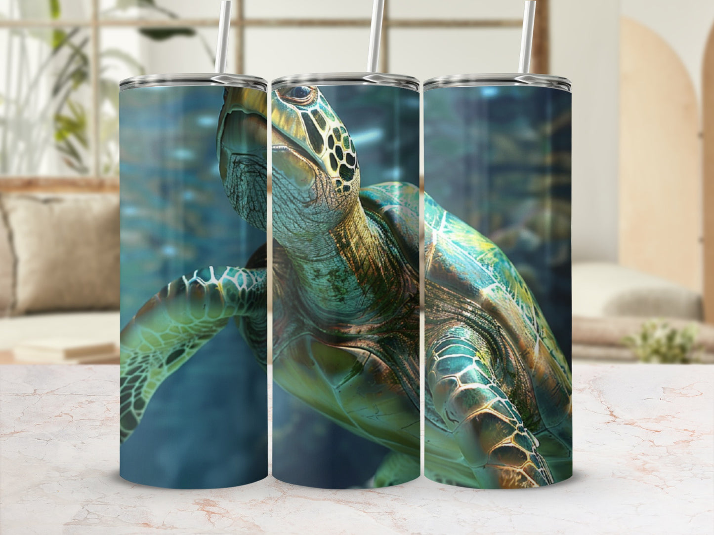 Three tumblers featuring a detailed sea turtle swimming underwater.