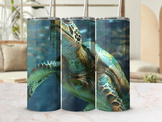 Three tumblers featuring a detailed sea turtle swimming underwater.
