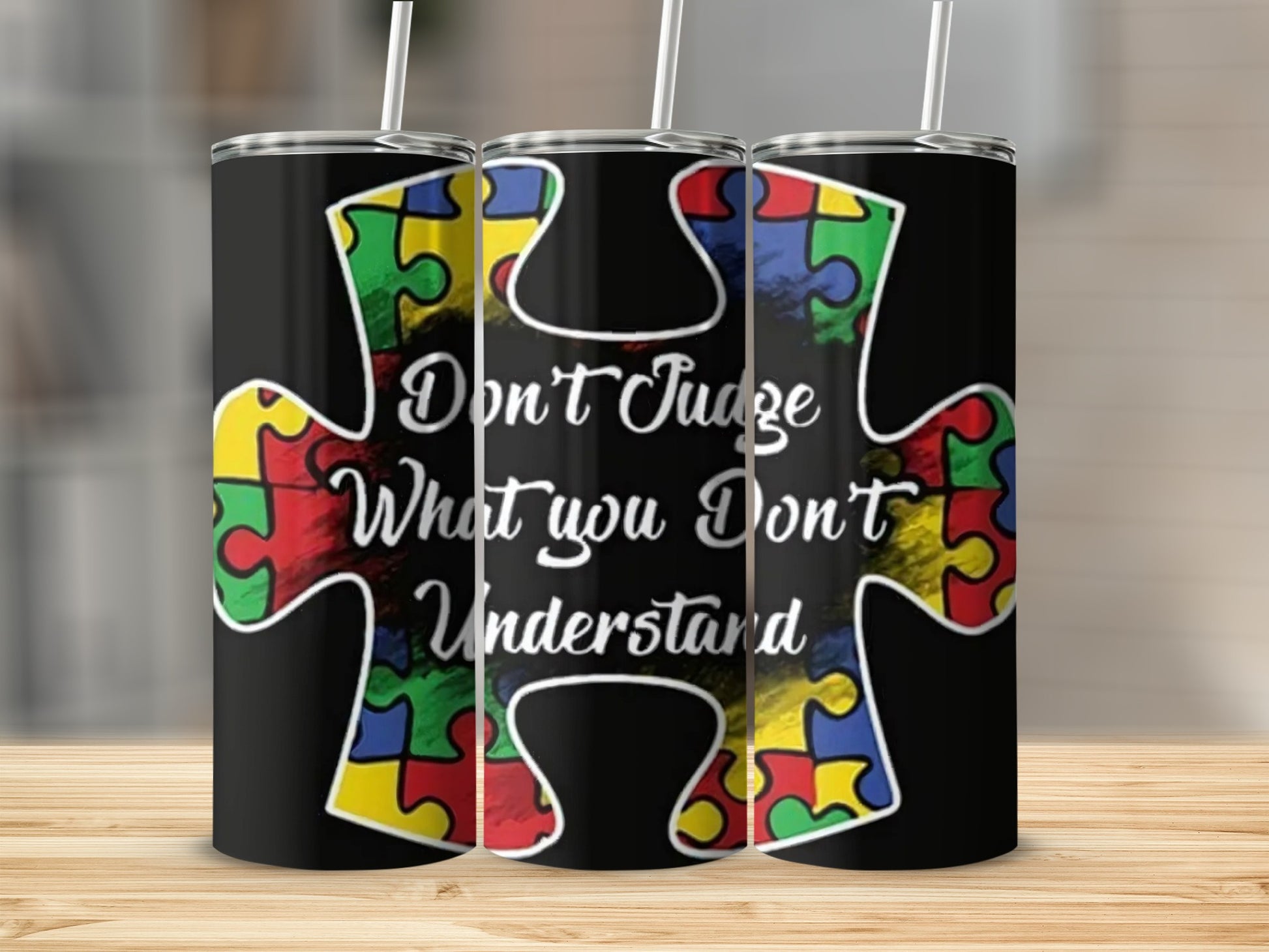 Colorful Puzzle Piece Don't Judge Tumbler Product