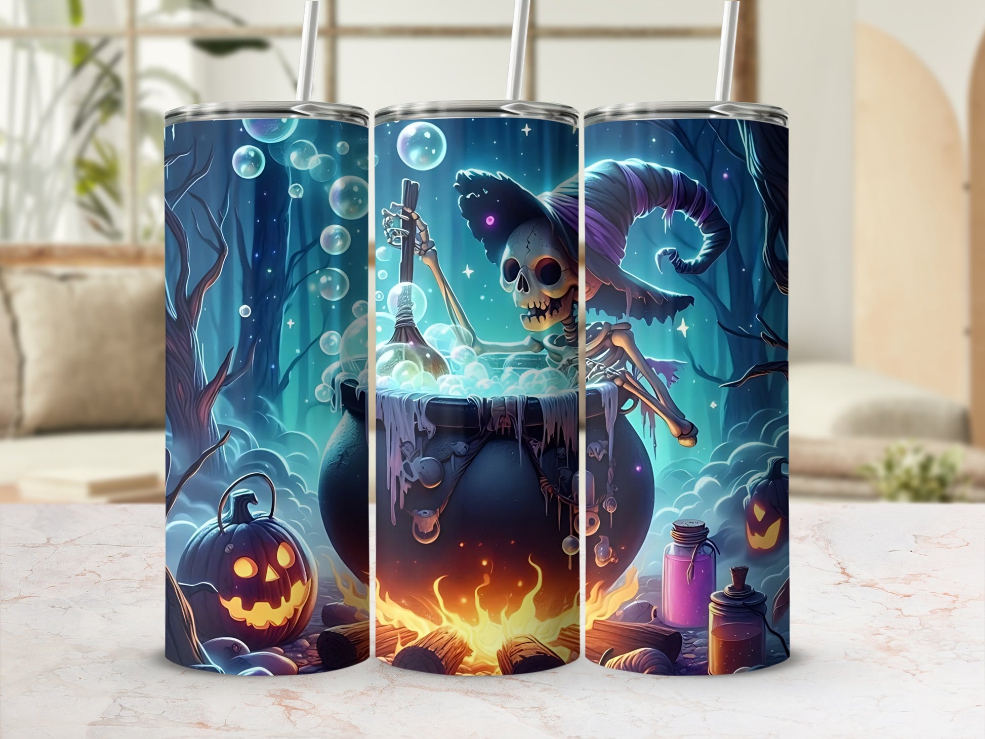 Three tumblers with a Halloween witch skeleton and cauldron design.