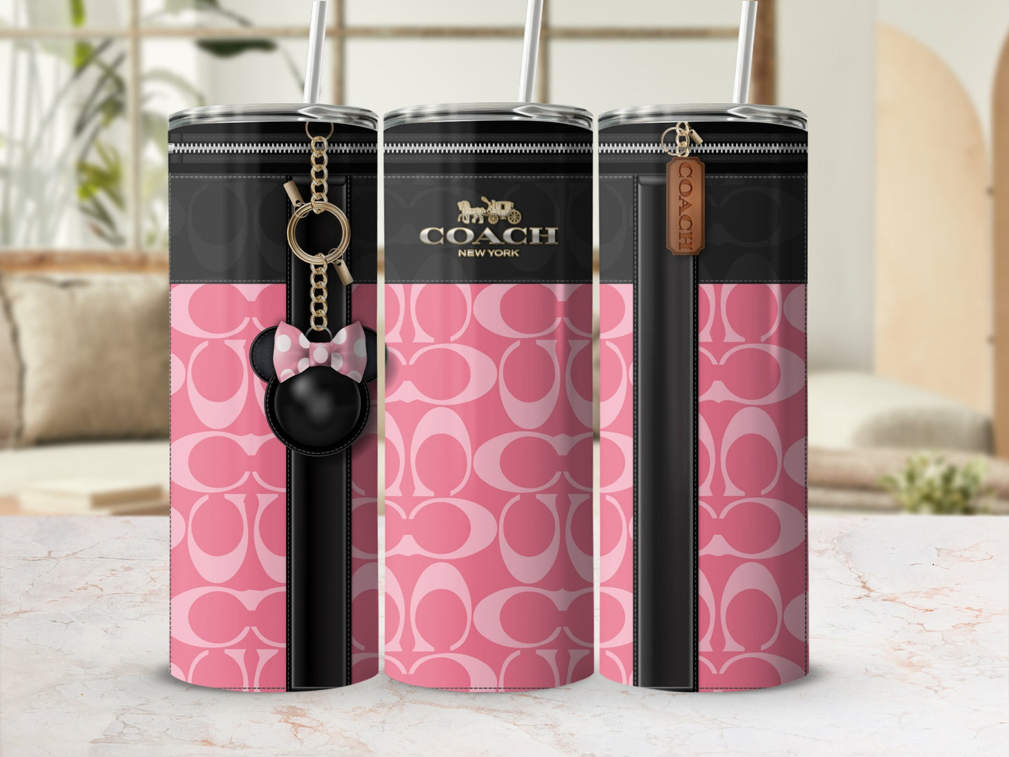 Pink and Black Coach New York Tumbler with Keychain Accessory