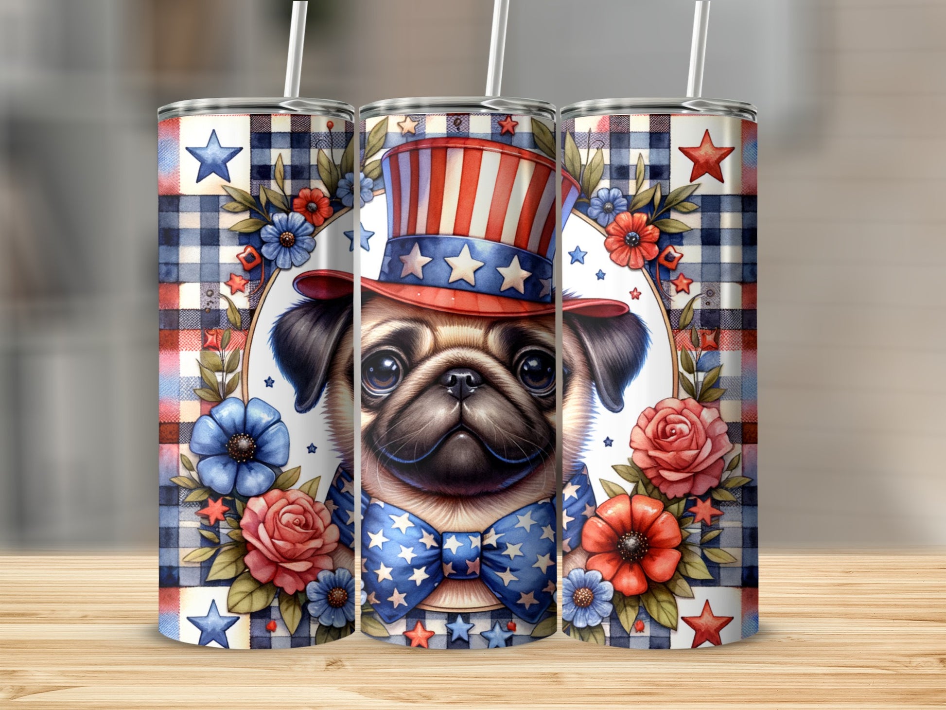 Patriotic pug in a hat and bow tie on a tumbler.
