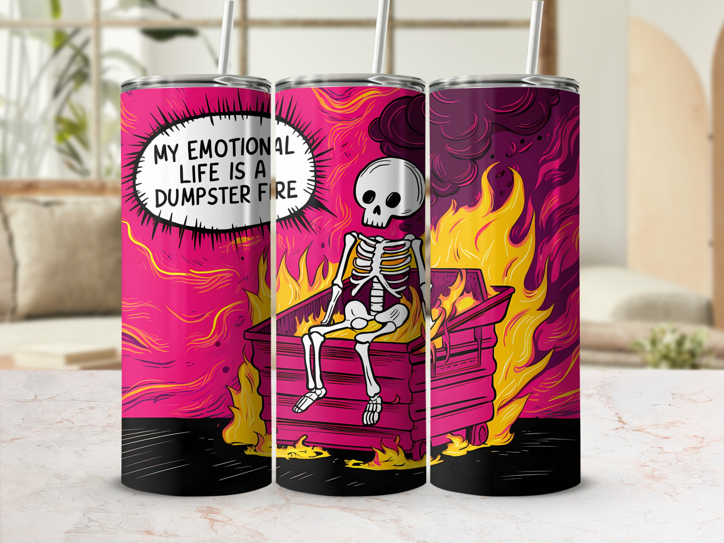 Skeleton sitting in a dumpster fire with text "My emotional life is a dumpster fire".