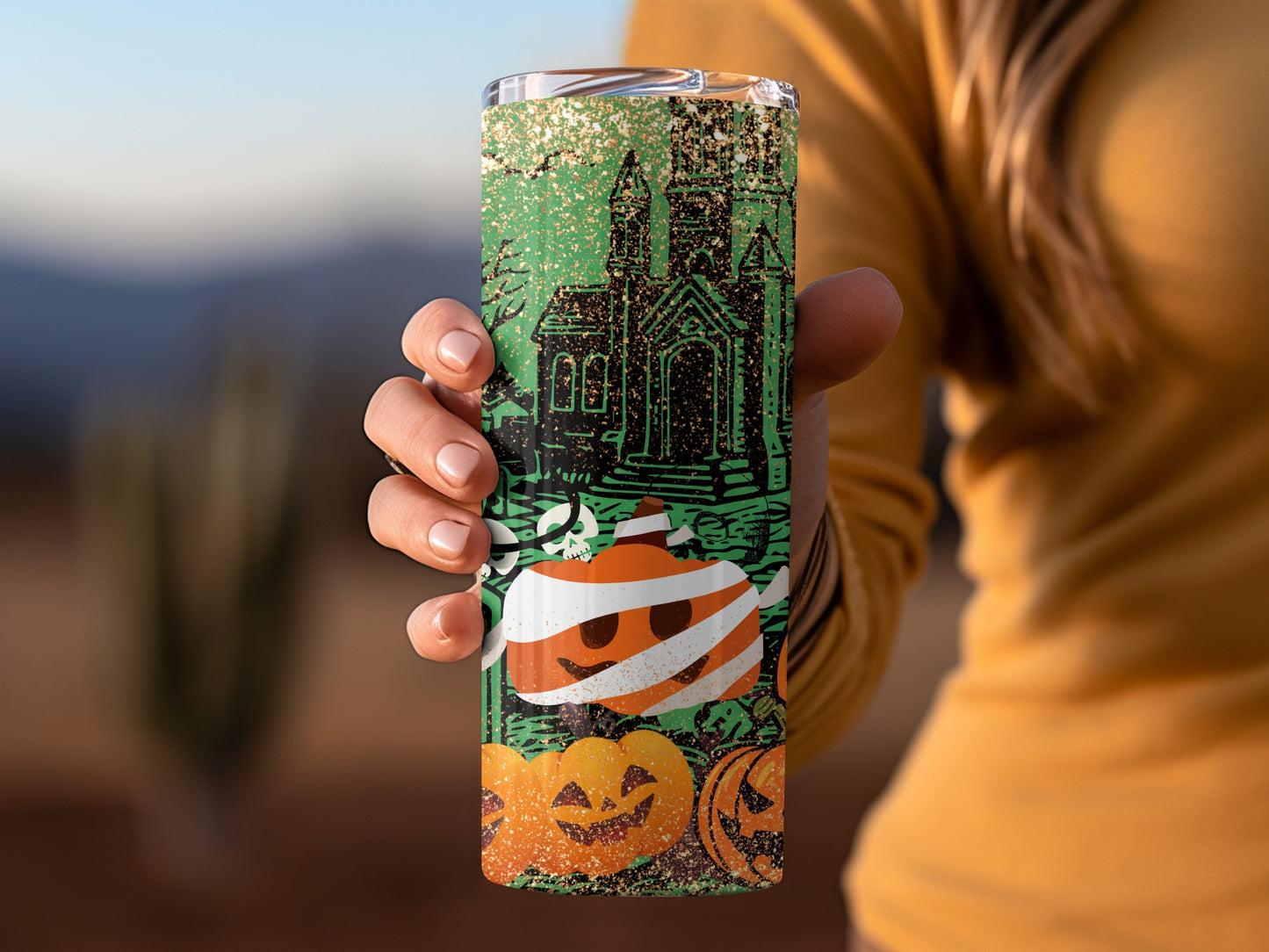 Glittery Haunted Castle with Halloween Pumpkins Tumbler