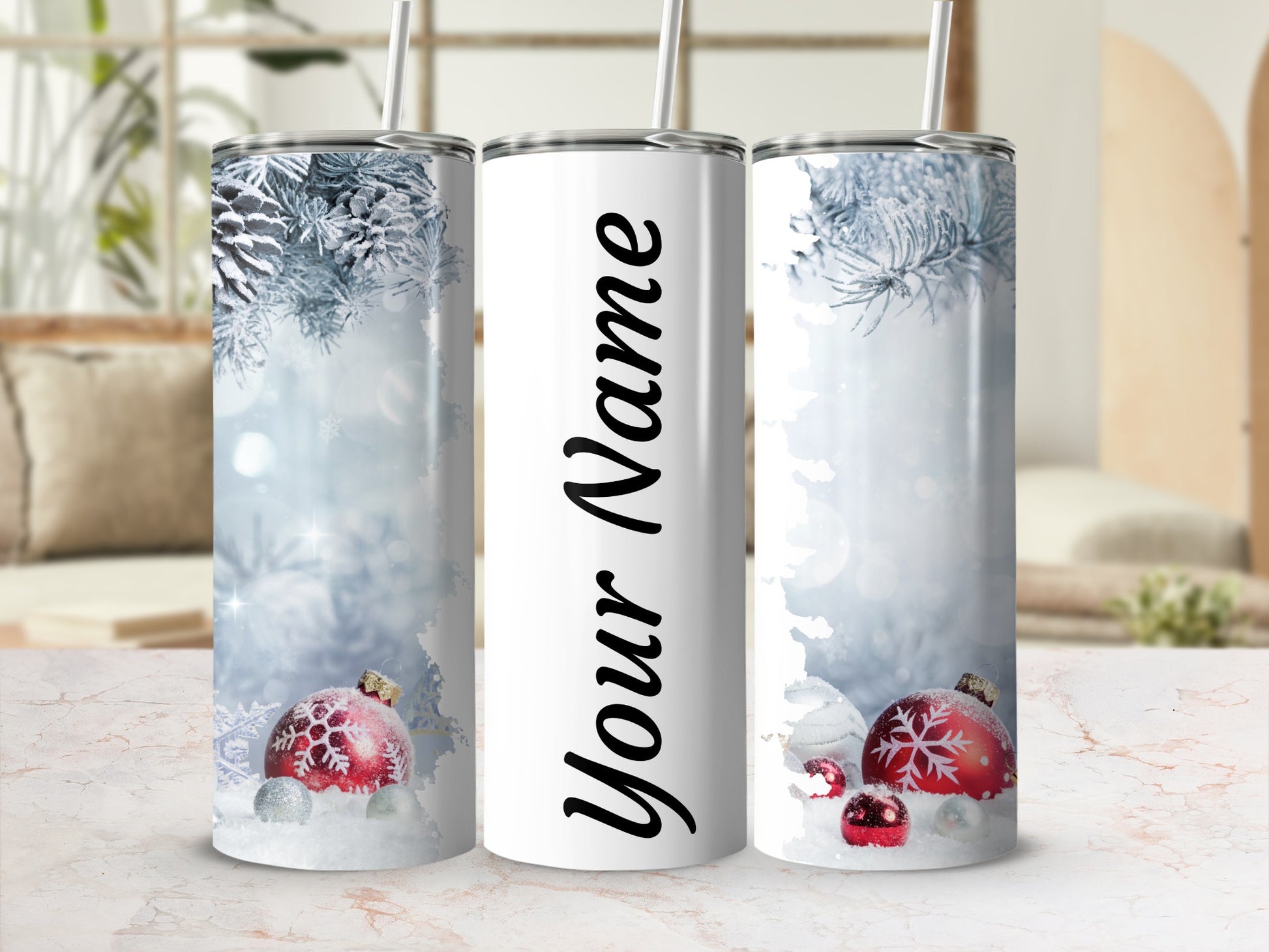 Personalized Christmas Themed Tumbler with Straw
