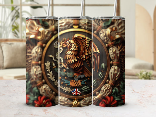 Three tumblers featuring the Mexican coat of arms.