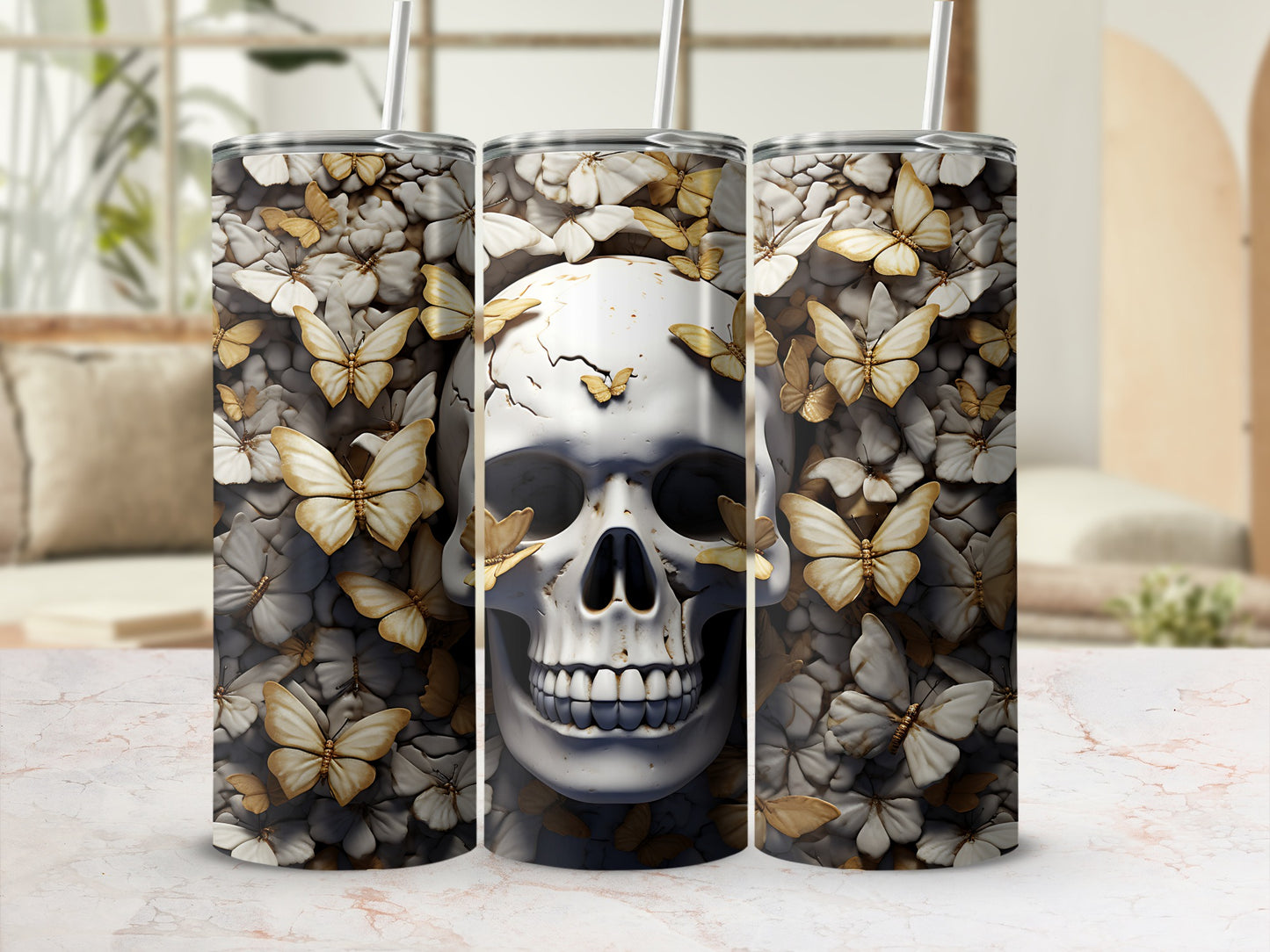 3D rendering of a skull surrounded by golden butterflies on a patterned tumbler.