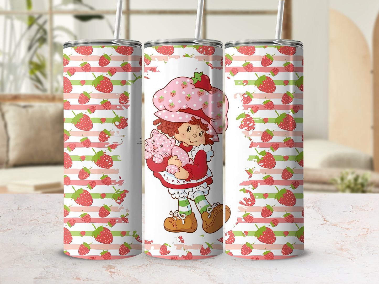 Strawberry Shortcake character holding a pink cat on a pink and green striped background.