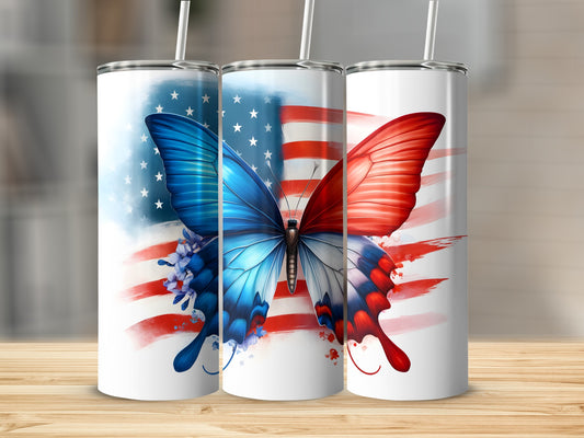 Three tumblers with patriotic butterfly designs on American flags.