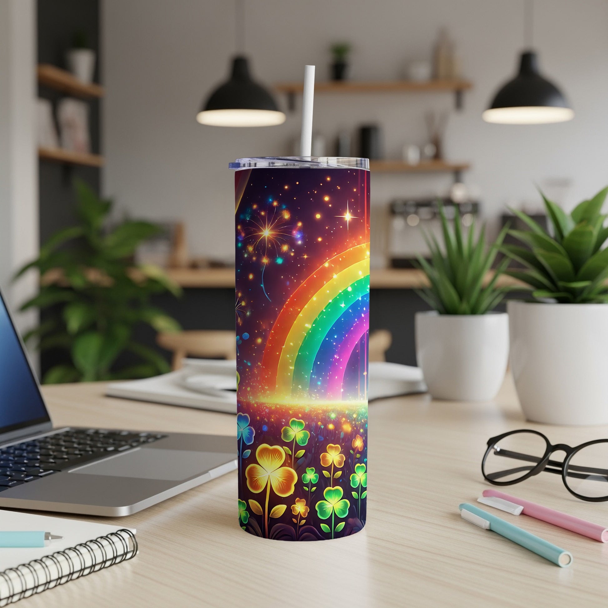 Rainbow and clover patterned tumbler with straw on a desk.