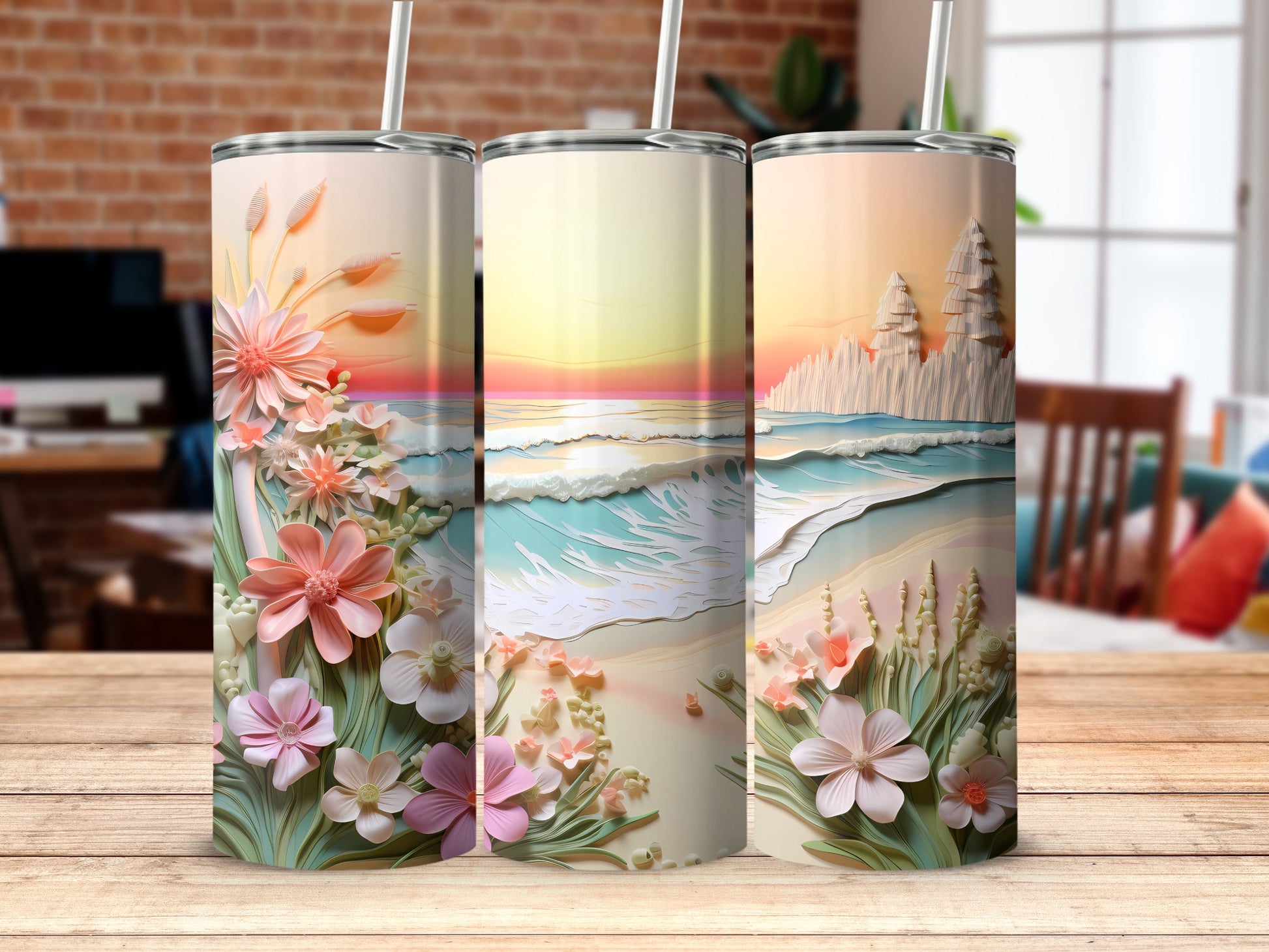 Coastal Ocean Sunrise Flowers Papercut Art Tumbler product type