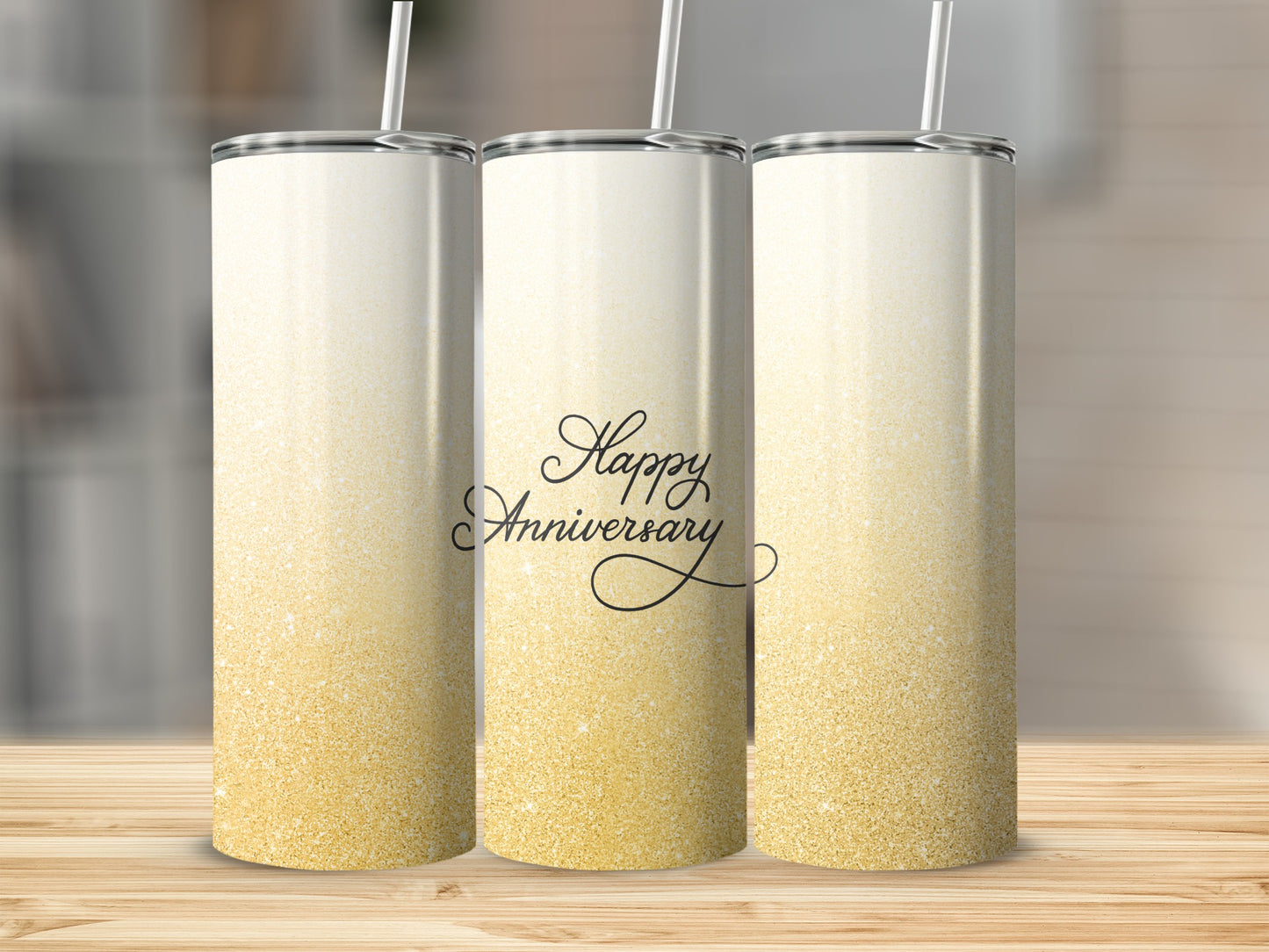 Three skinny tumblers with gold glitter gradient and "Happy Anniversary" text.