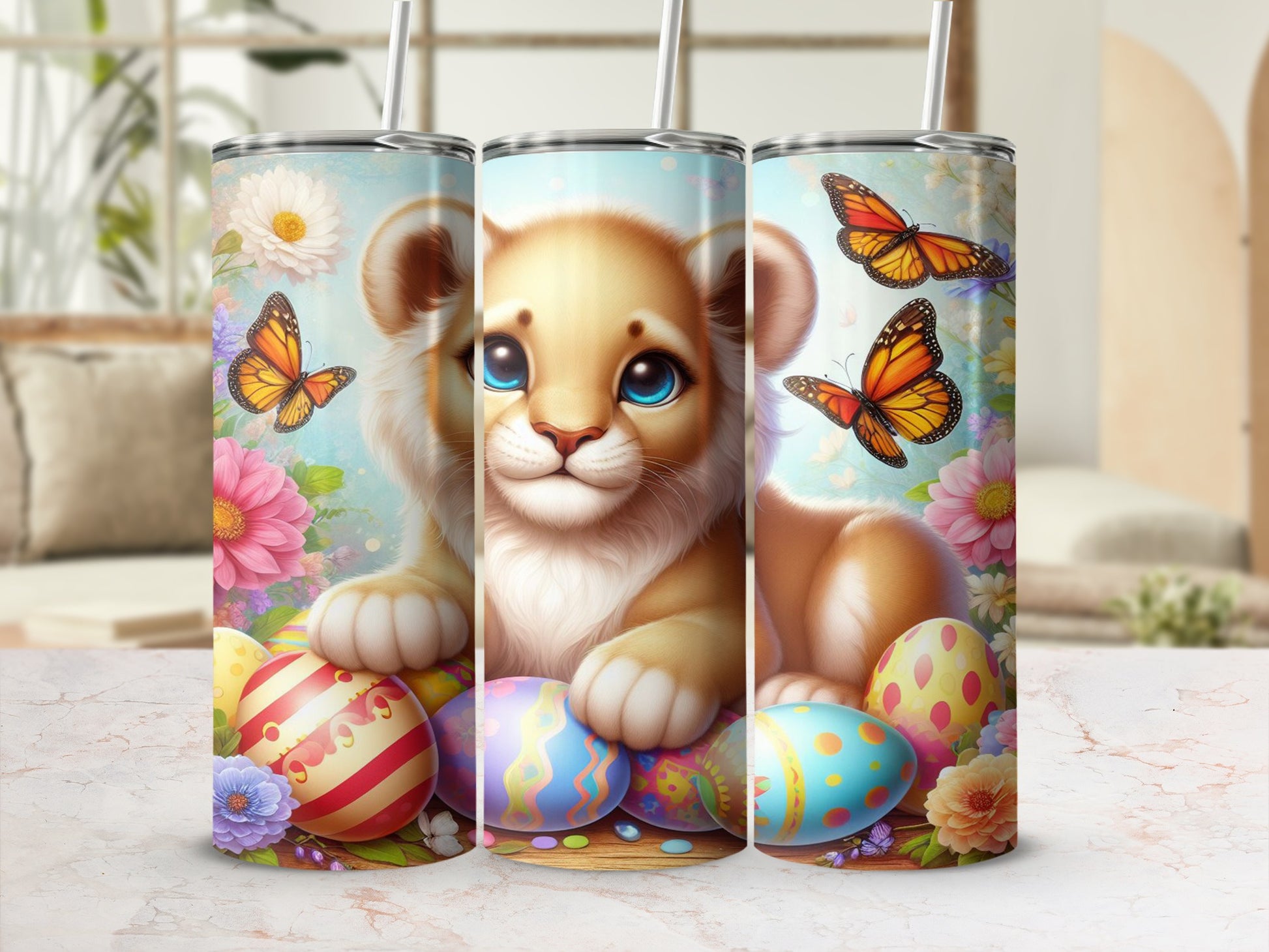 Lion cub with colorful Easter eggs and butterflies on a tumbler.