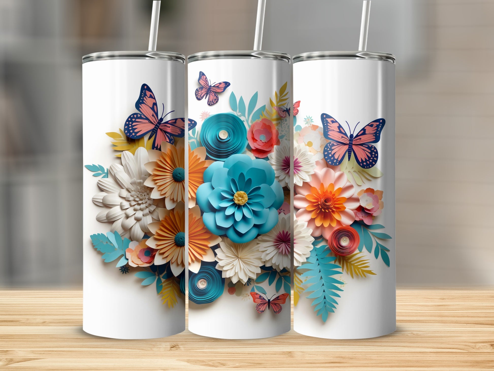 Vibrant Floral and Butterfly Design Insulated Tumbler