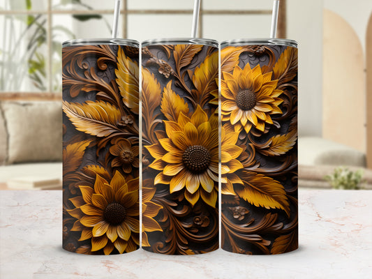 Three tumblers with embossed sunflower and leaf designs.