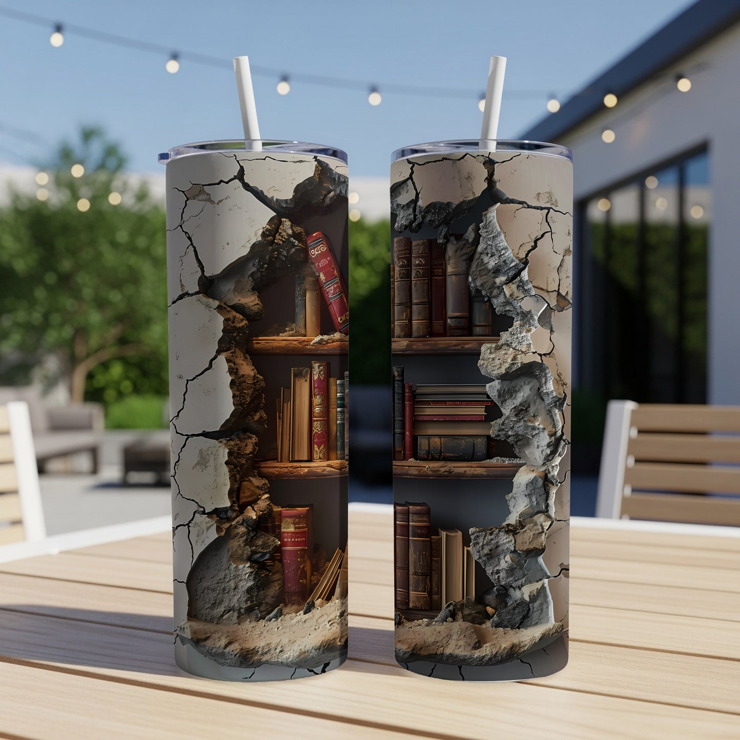 Two tumblers with a cracked wall design revealing bookshelves.