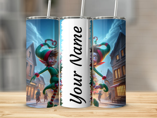 Personalized Christmas Elf Scene Tumbler with Name