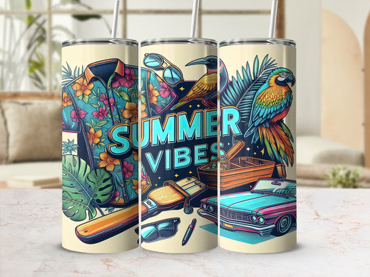 Three tumblers with summer designs: Hawaiian shirt, parrot, and vintage car.