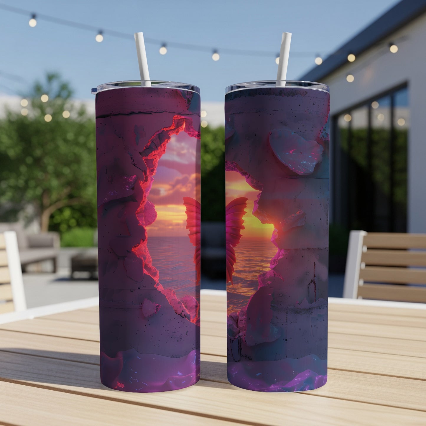Two tumblers with a sunset heart portal design on a table.