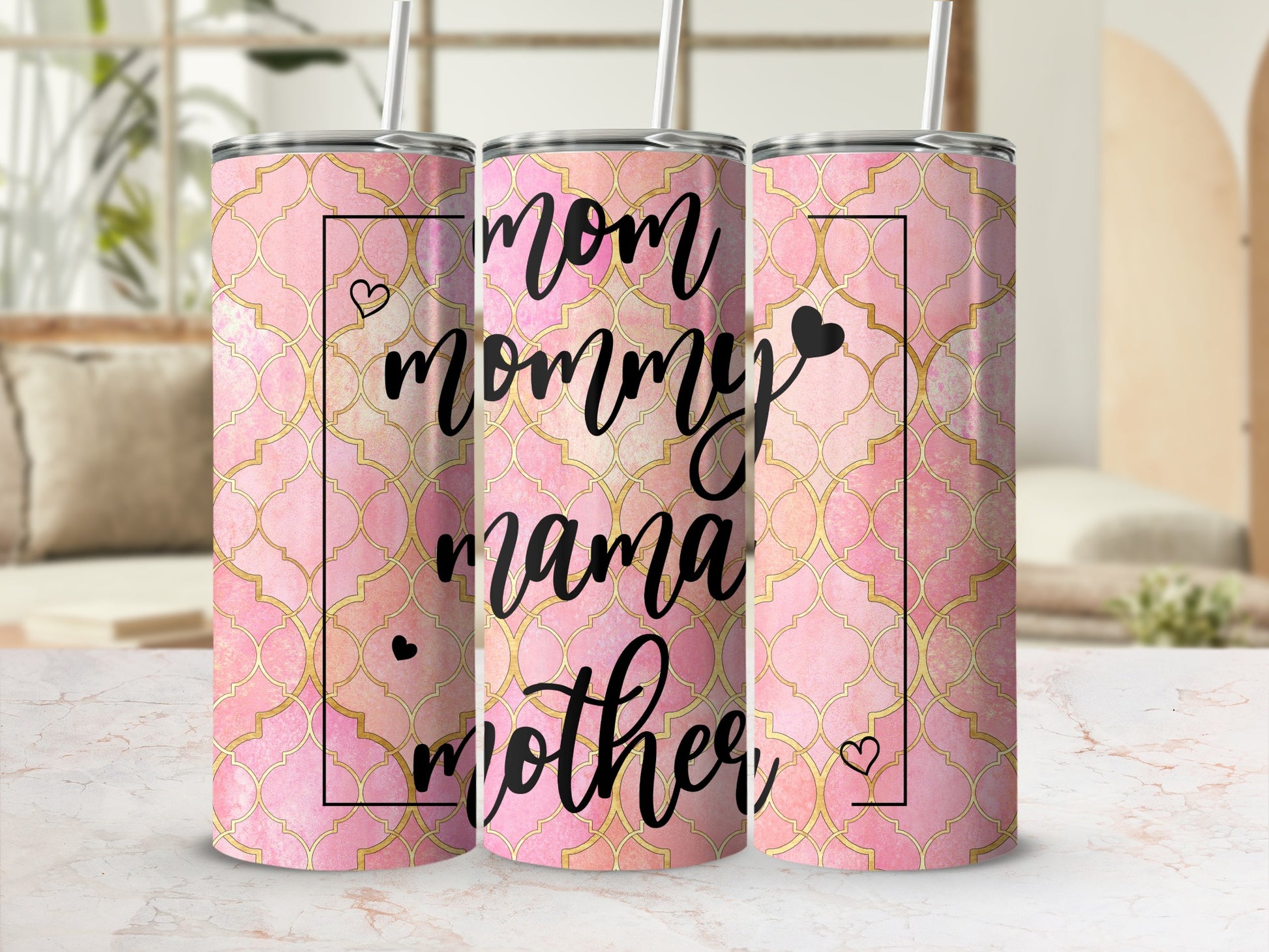Mom Mommy Mama Mother Pink and Gold Pattern Drinkware