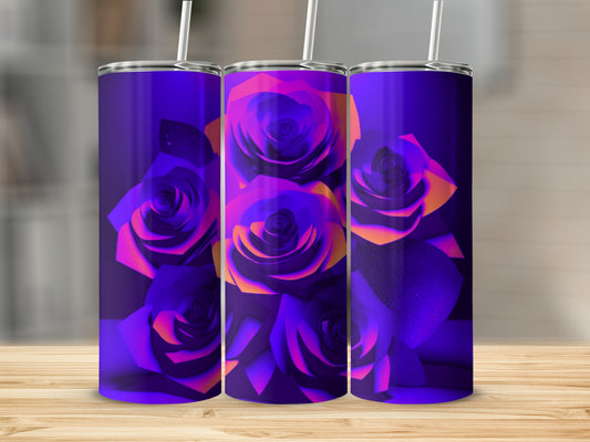 Three tumblers featuring vibrant, abstract floral designs on a wooden surface.