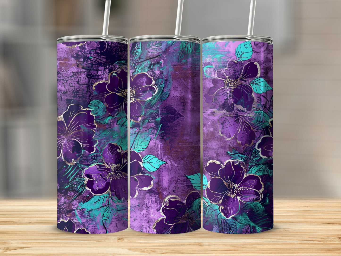 Purple and Teal Floral Design Tumbler Product