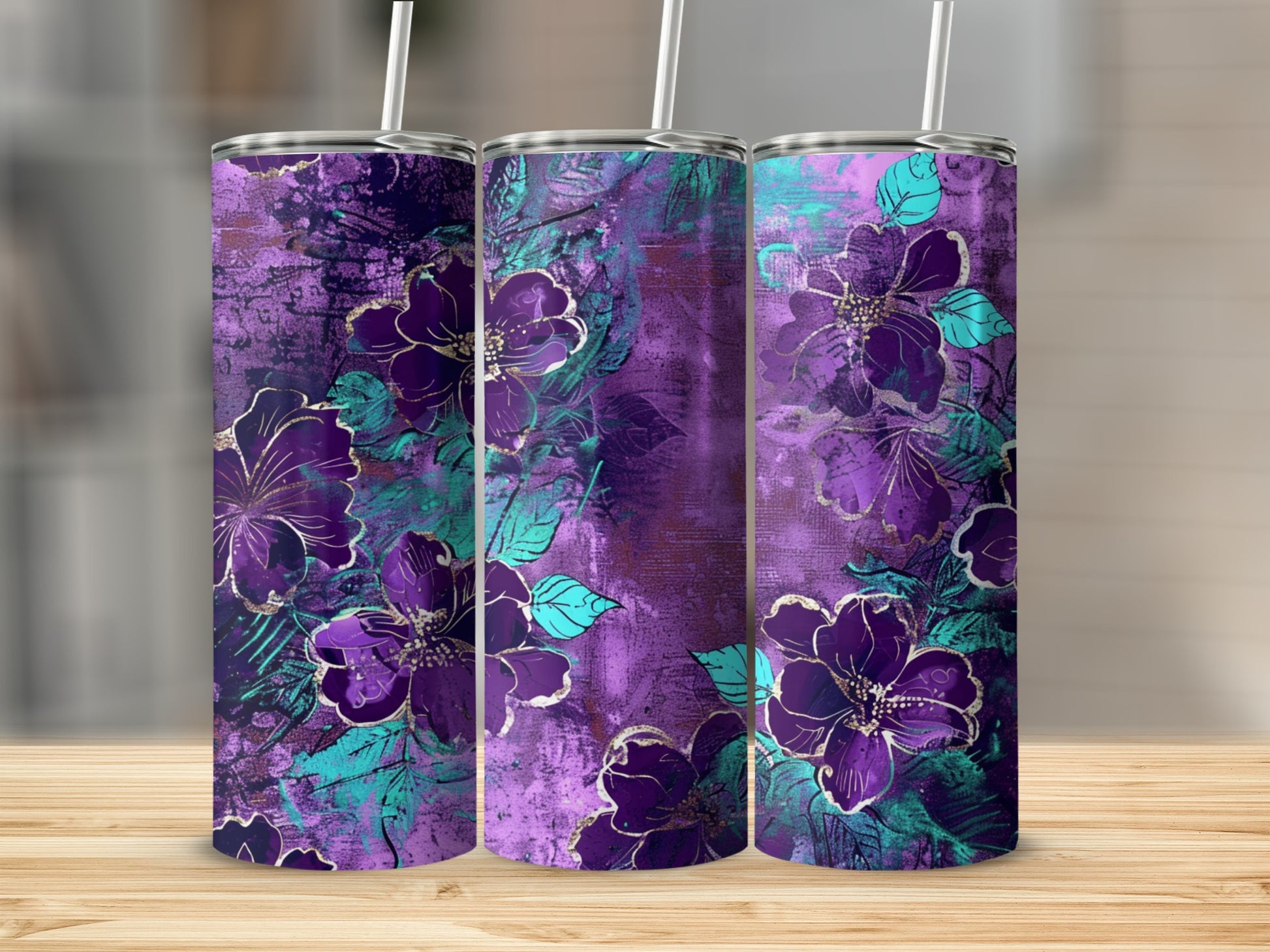 Purple and Teal Floral Design Tumbler Product