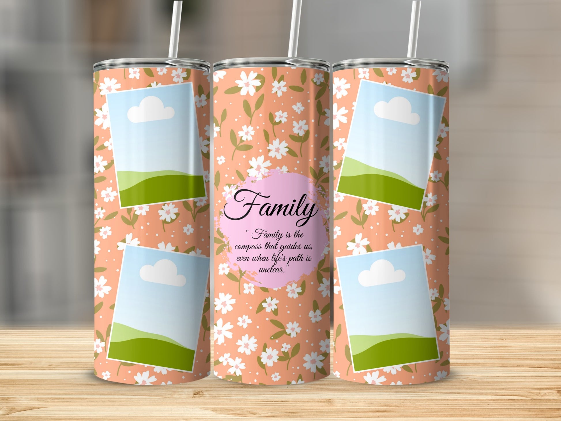 Floral patterned tumblers with blank photo frames and "Family" quote.