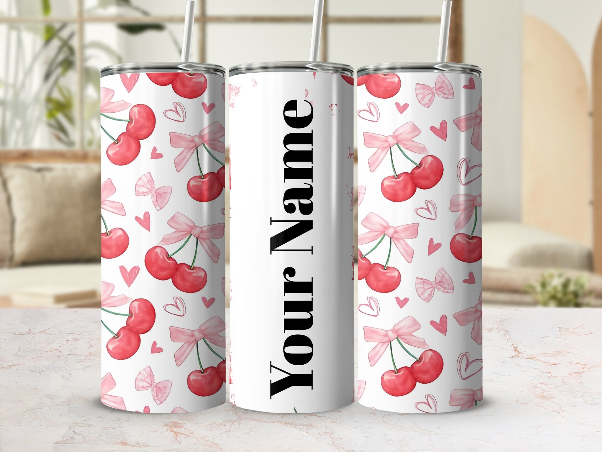 Customizable Cherry Heart Pattern Insulated Tumbler