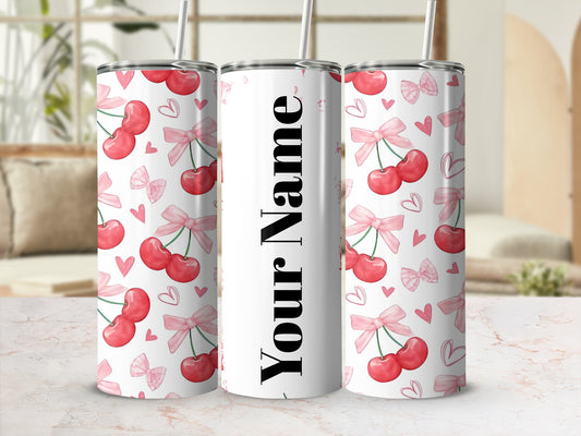Customizable Cherry Heart Pattern Insulated Tumbler