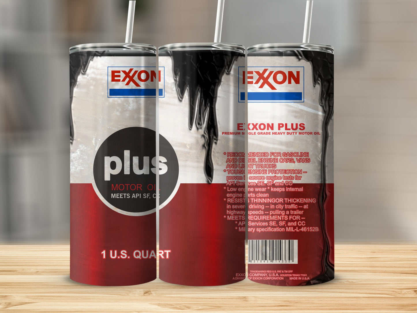 Exxon Plus premium single grade heavy duty motor oil 1 U.S. quart tumbler.