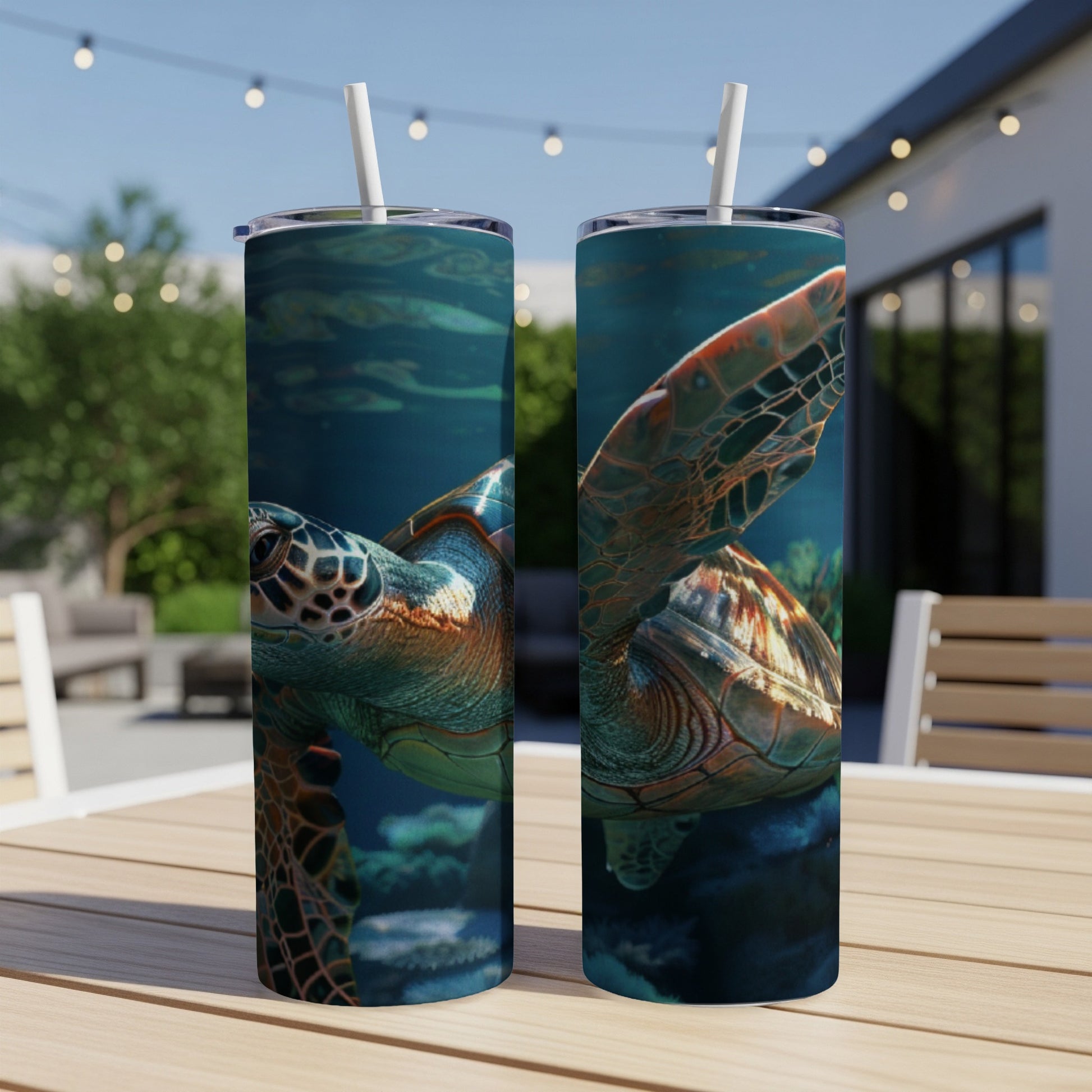 Two tumblers with sea turtle design on outdoor table.