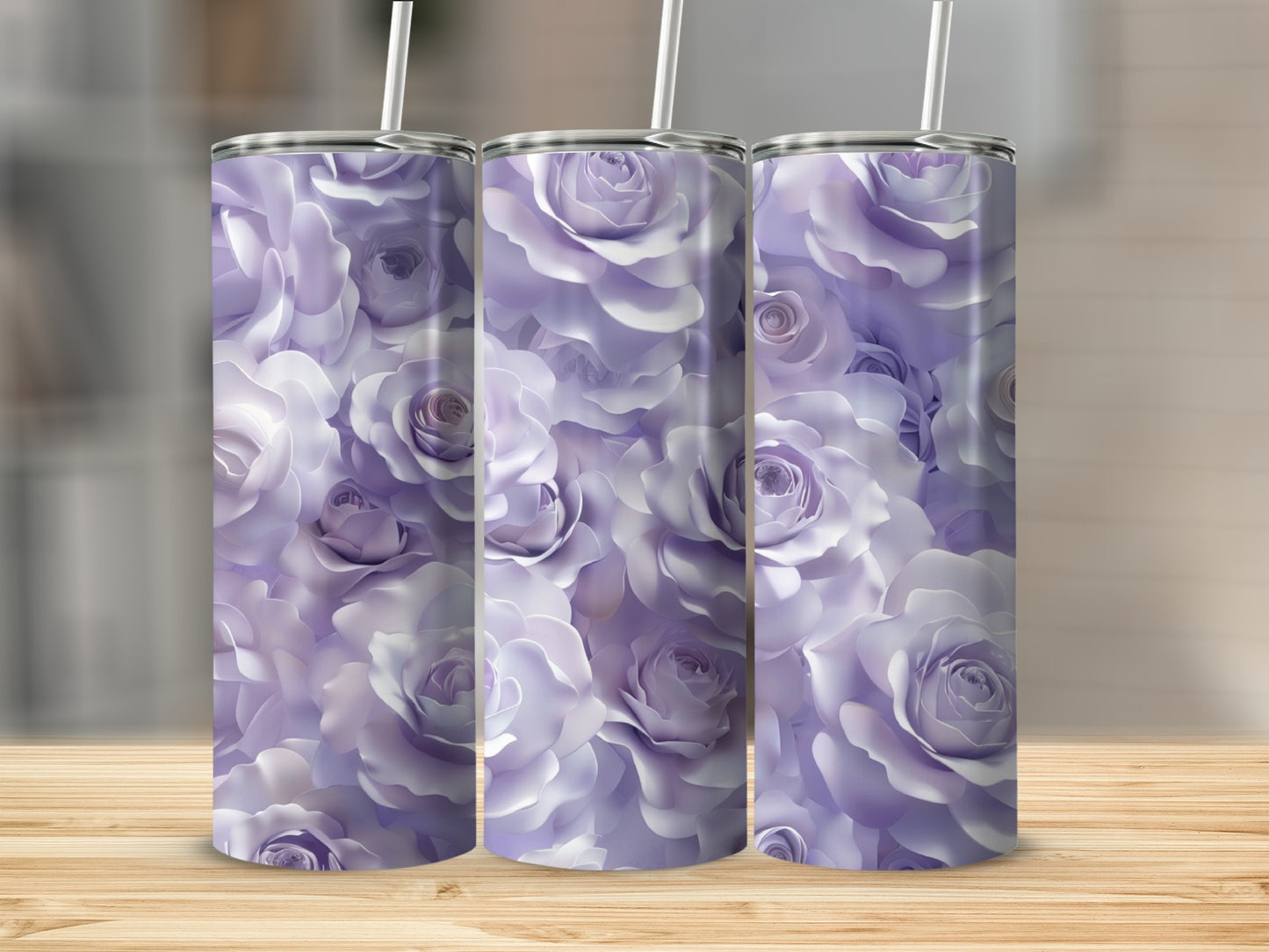 Three tumblers with a floral pattern of purple and white roses.