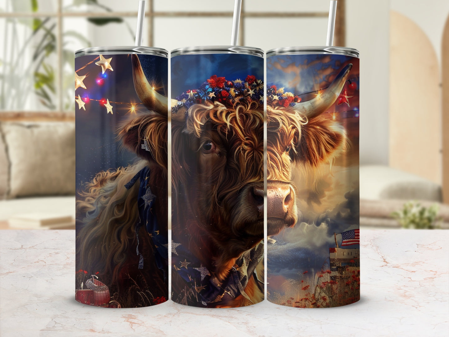 Highland cow with patriotic decorations, including American flag and stars.