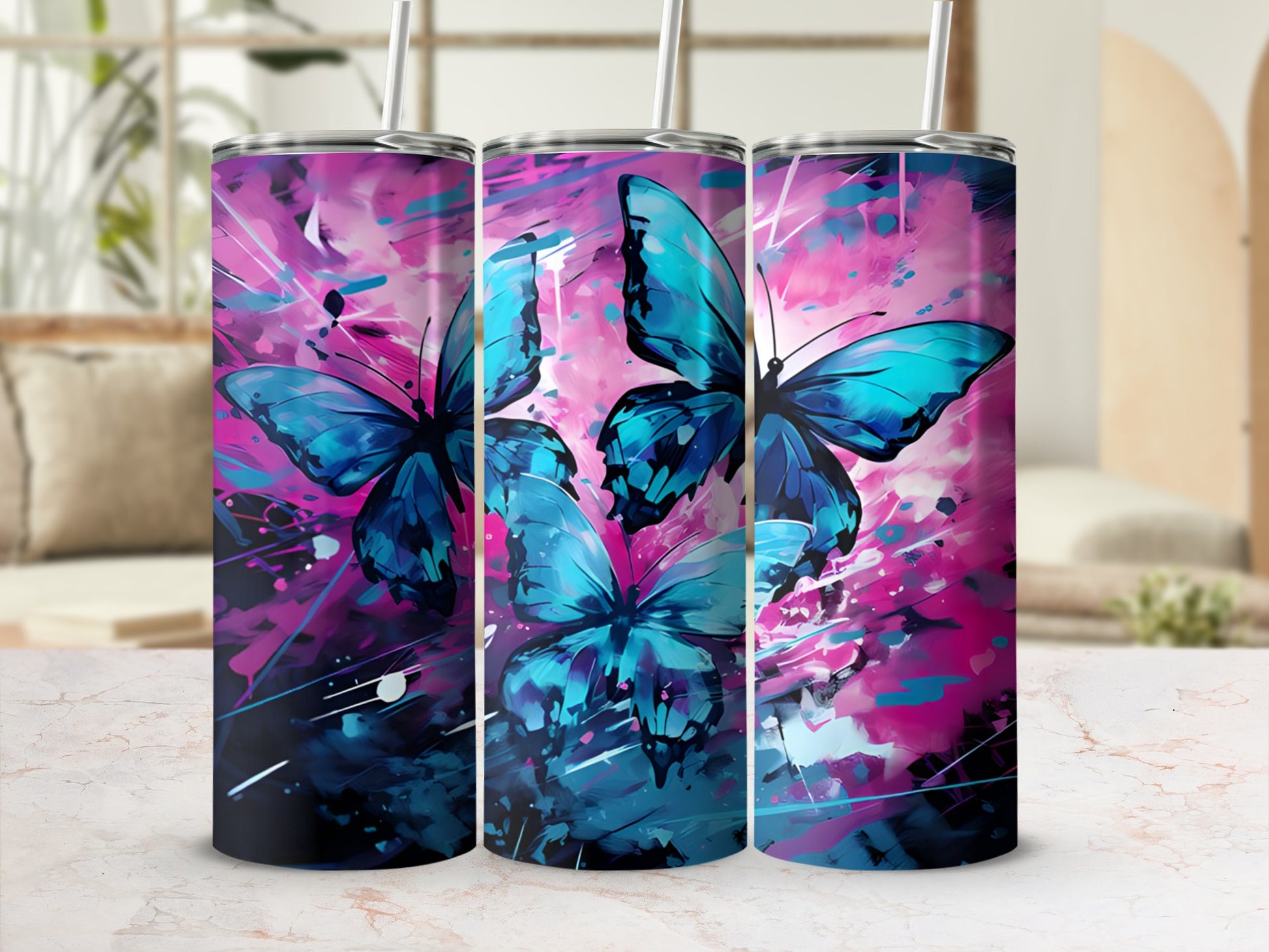 Three blue butterflies on a vibrant pink and blue abstract background.