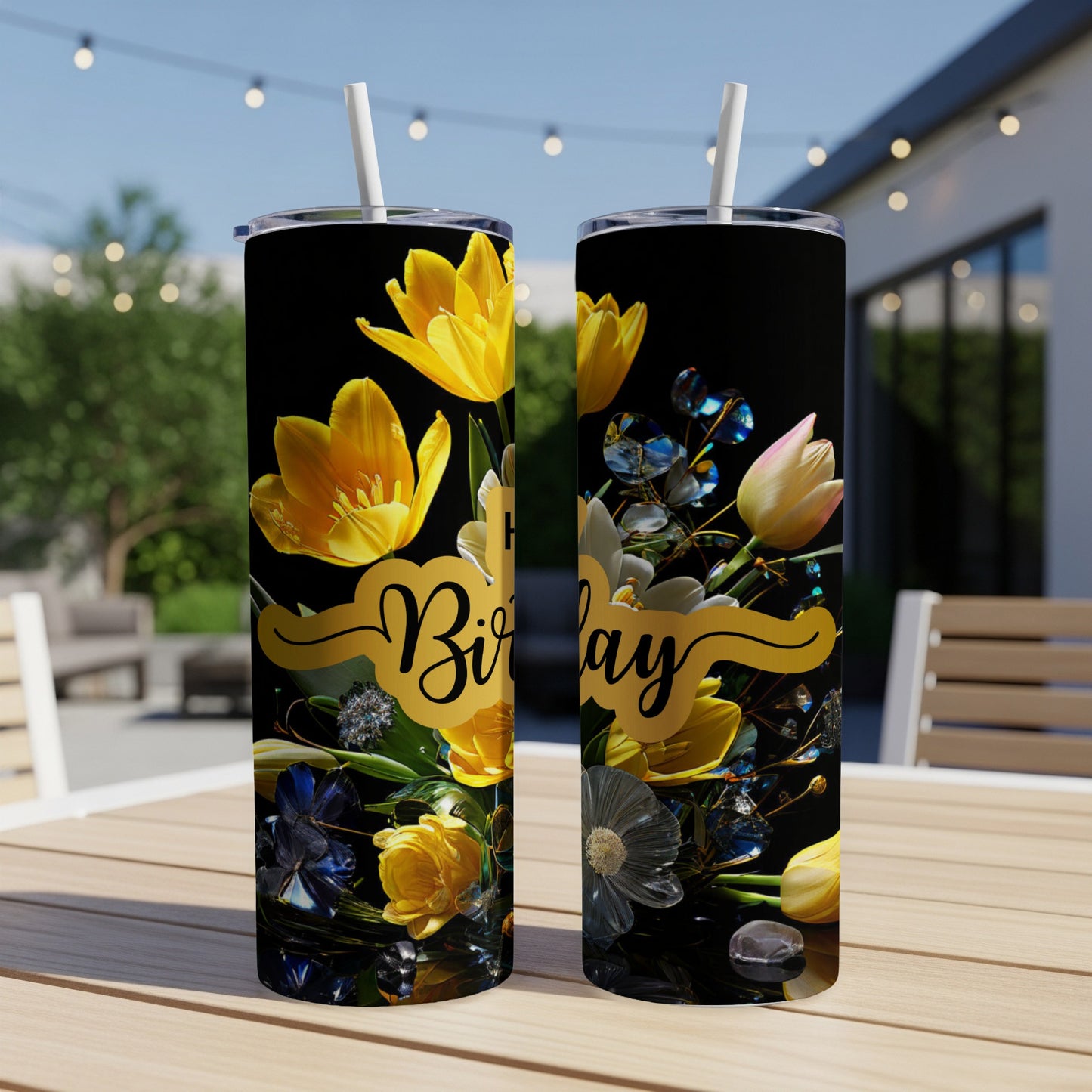 Black tumbler with yellow tulips and "Happy Birthday" text.