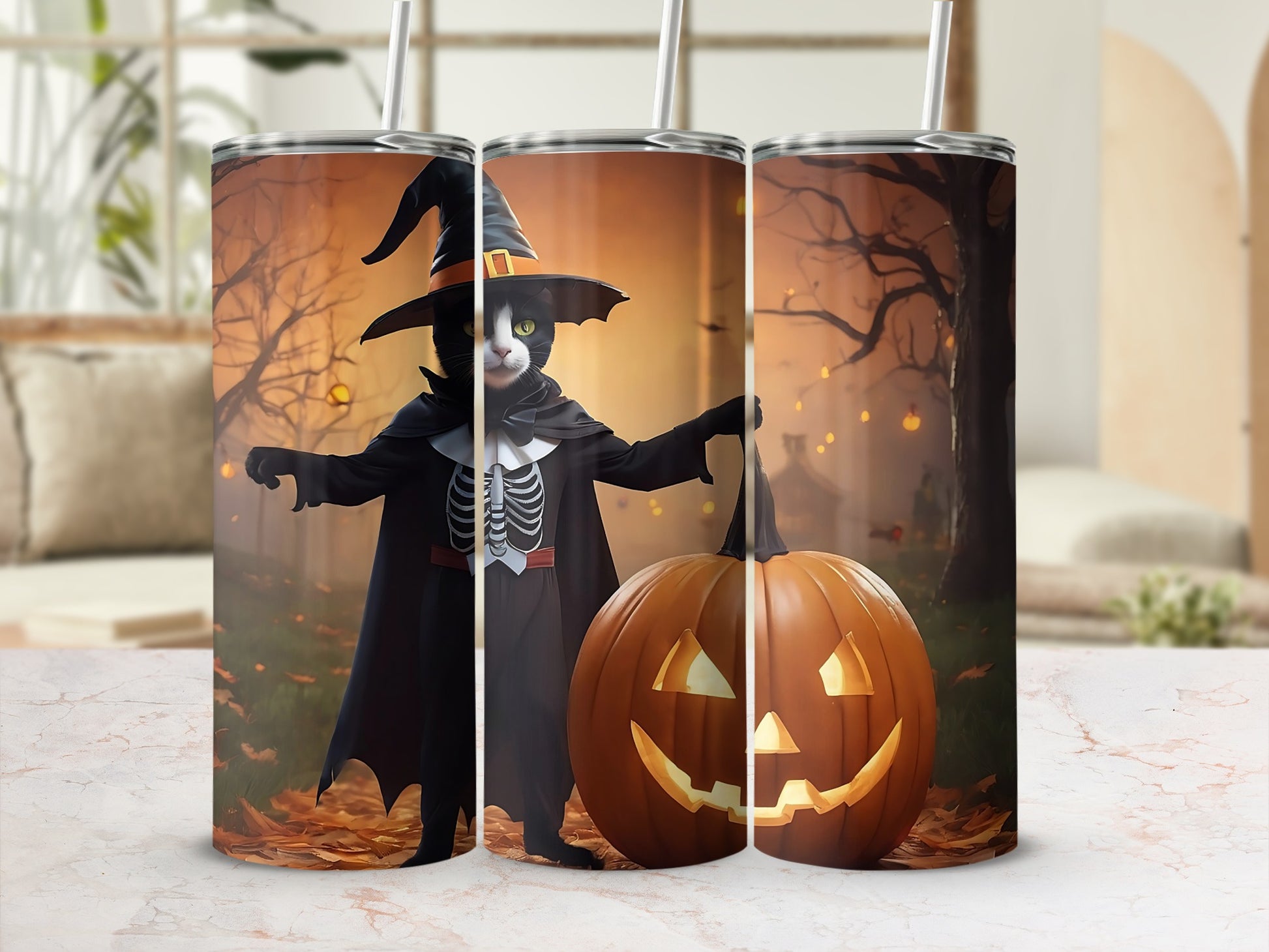 Black cat in witch hat and skeleton costume with glowing jack-o'-lantern.