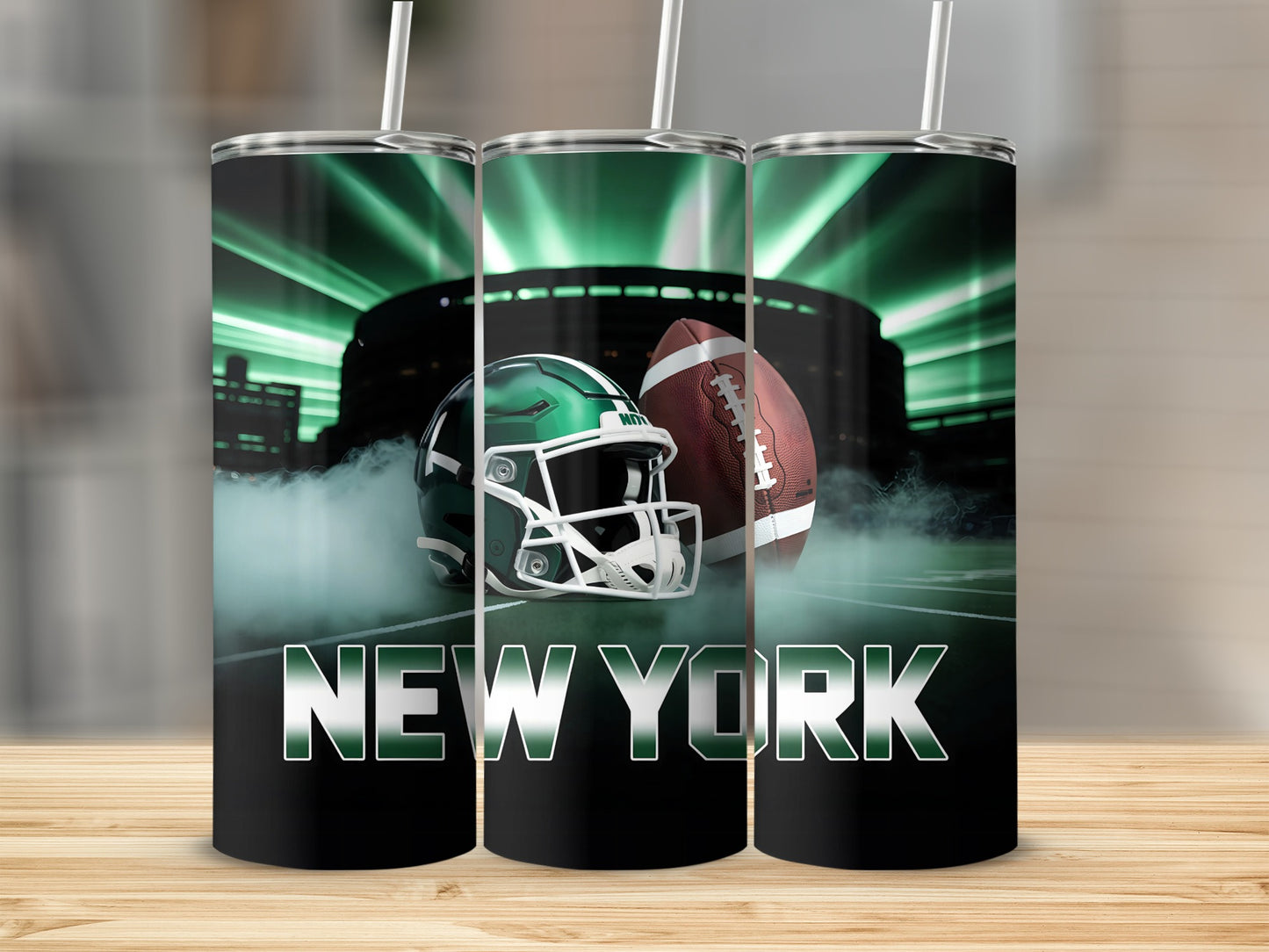 New York Jets football helmet and ball tumbler with stadium background.
