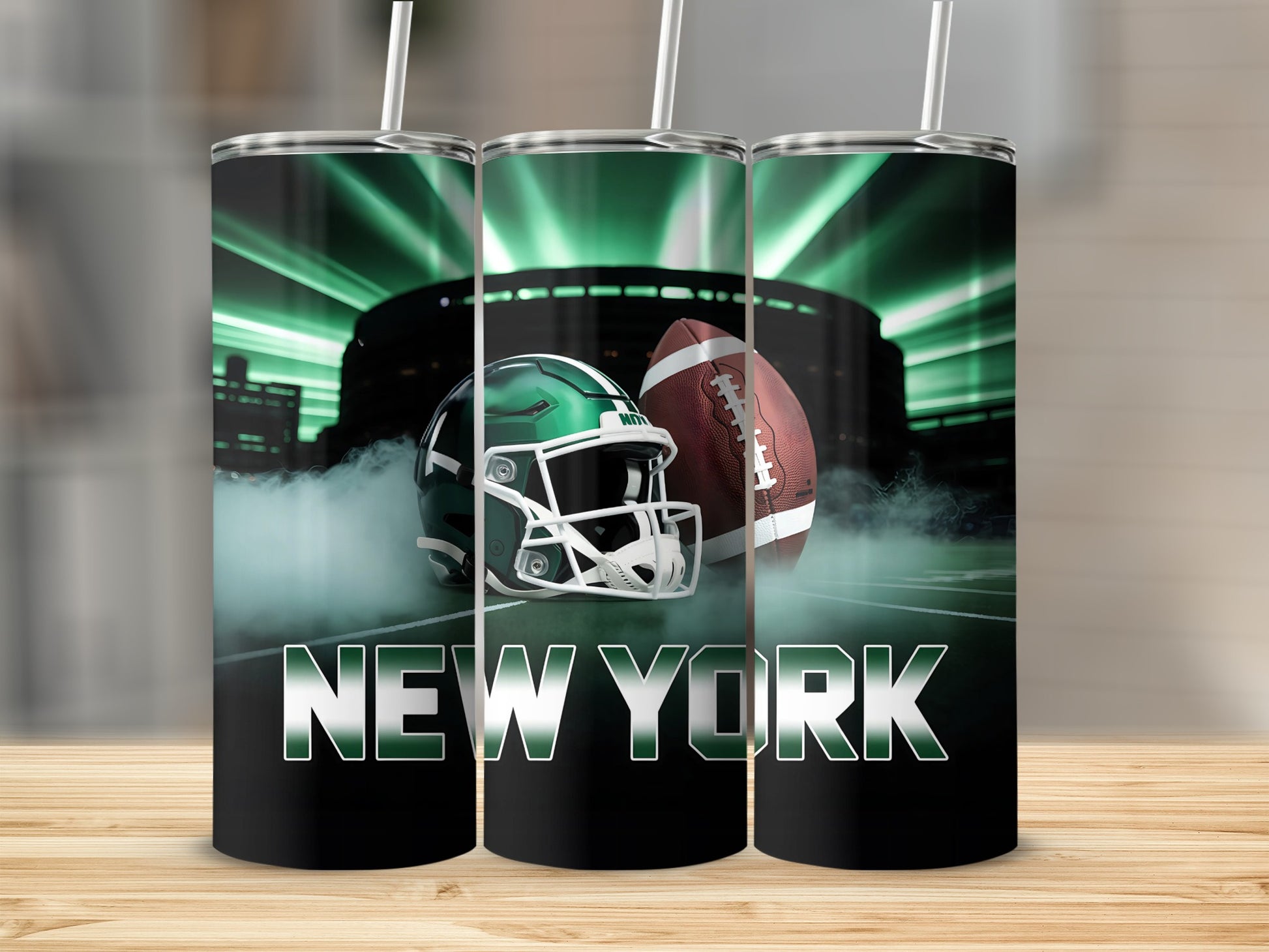 New York Jets football helmet and ball tumbler with stadium background.