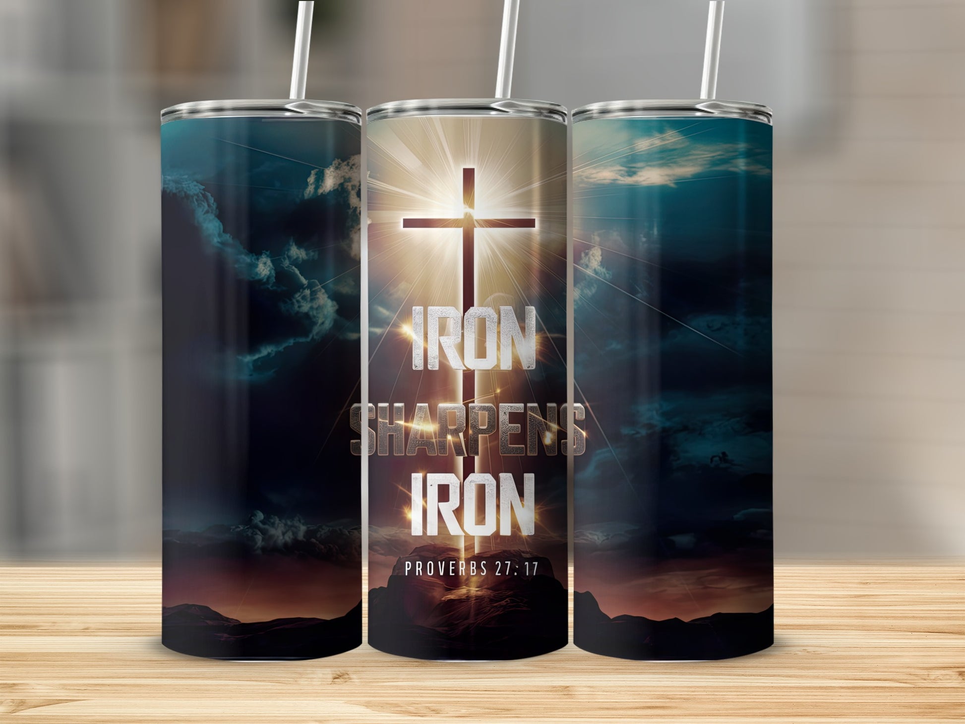 Tumbler with glowing cross and "Iron Sharpens Iron" text.