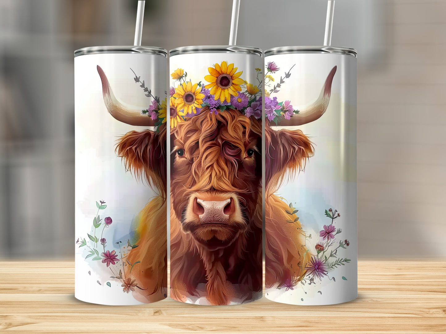 Highland cow with floral crown on white tumblers.