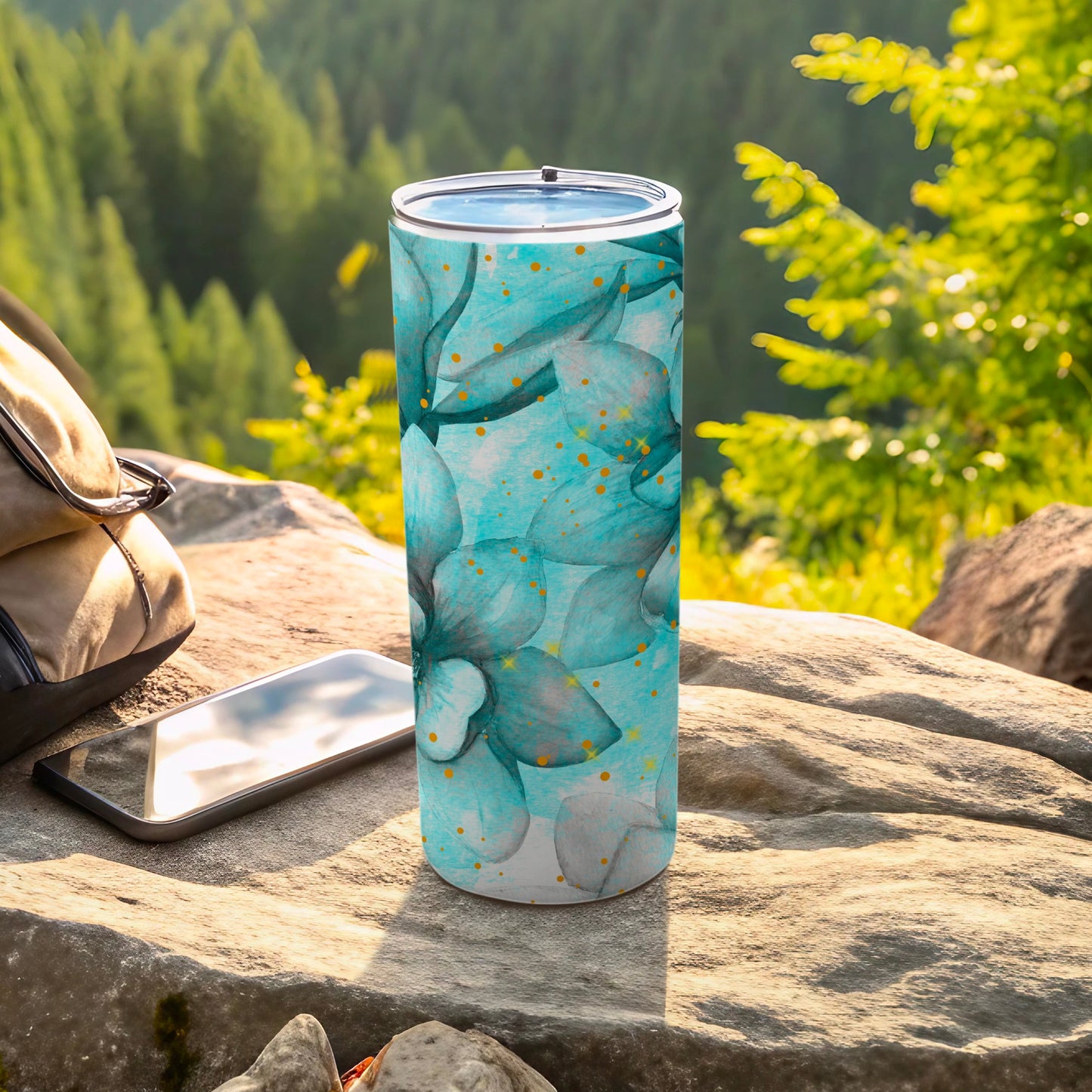 Turquoise Floral Design Tumbler Ideal for Outdoor Use