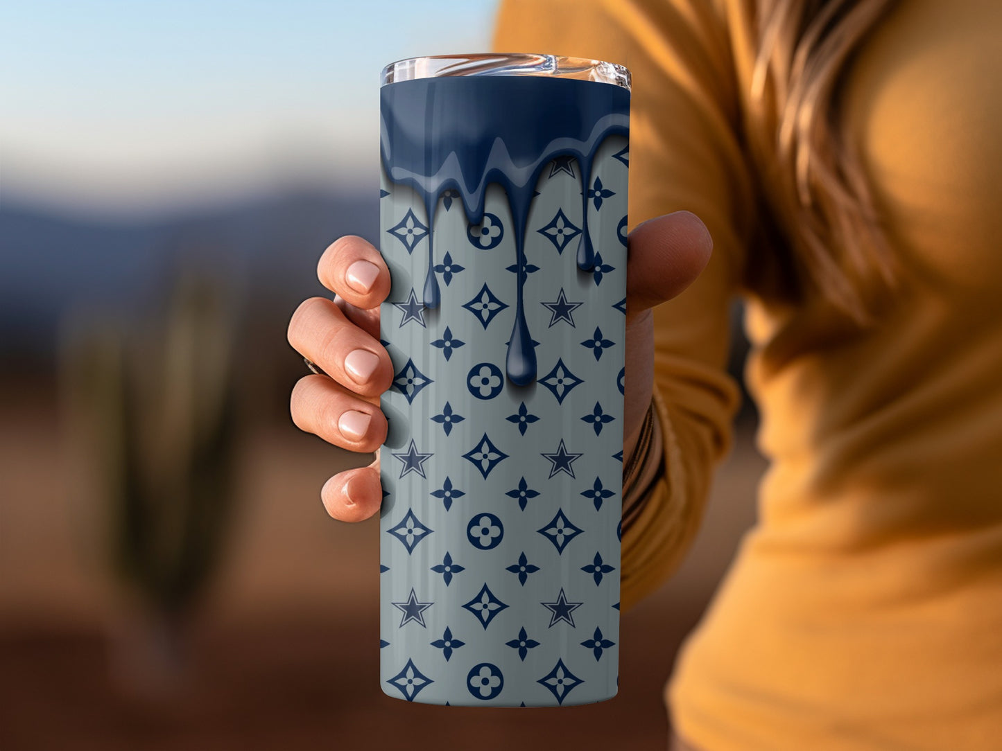 Blue Drip With Monogram And Star Background Pattern Tumblers