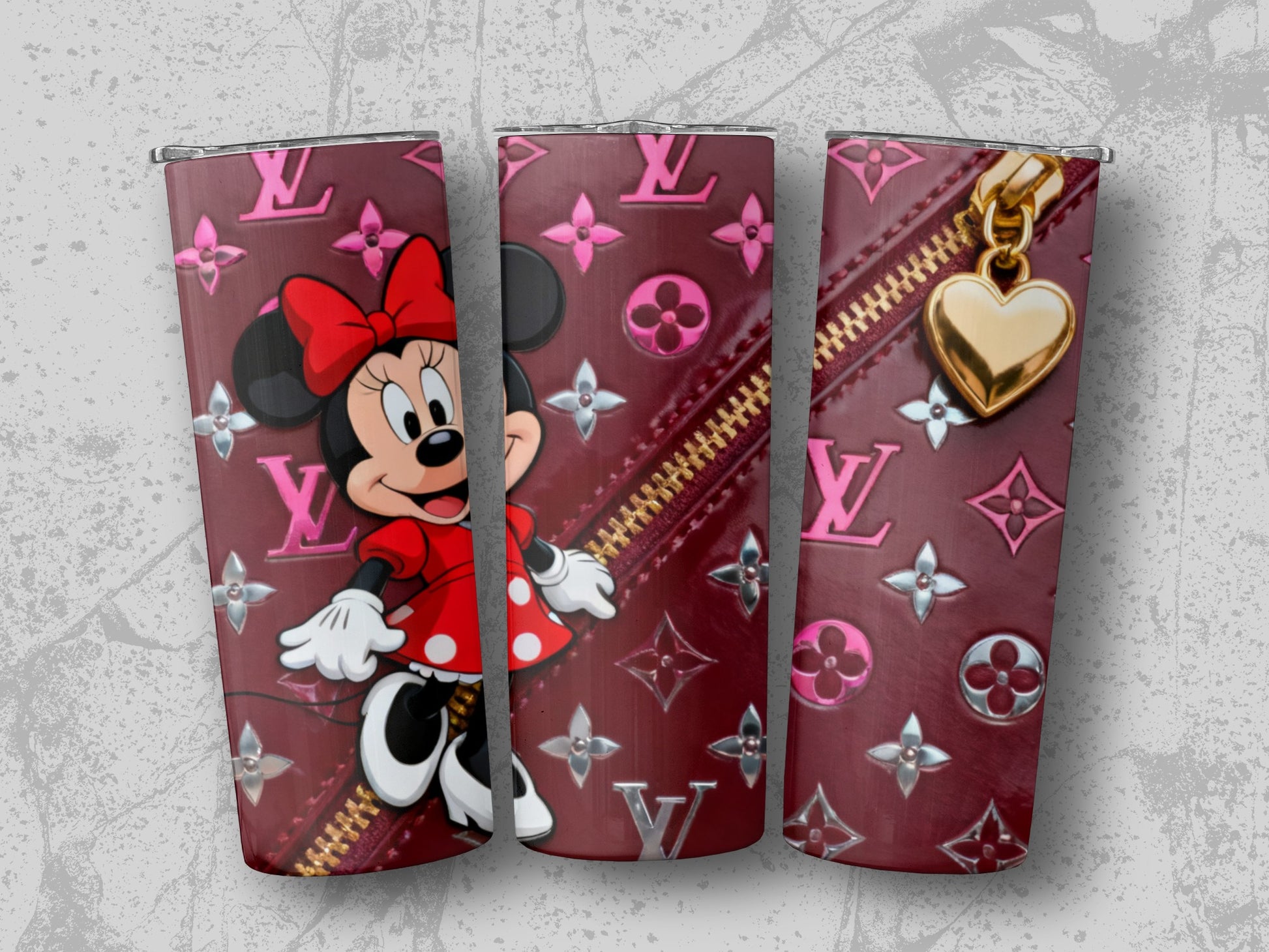 Minnie Mouse on burgundy LV pattern tumbler with gold zipper and heart charm.