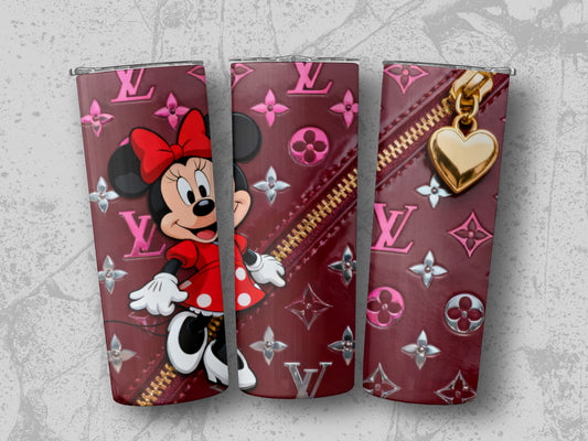 Minnie Mouse on burgundy LV pattern tumbler with gold zipper and heart charm.