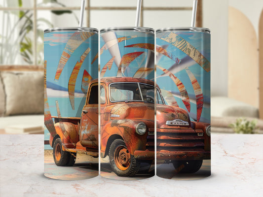 Rusty vintage truck with abstract pattern on a blurred background.