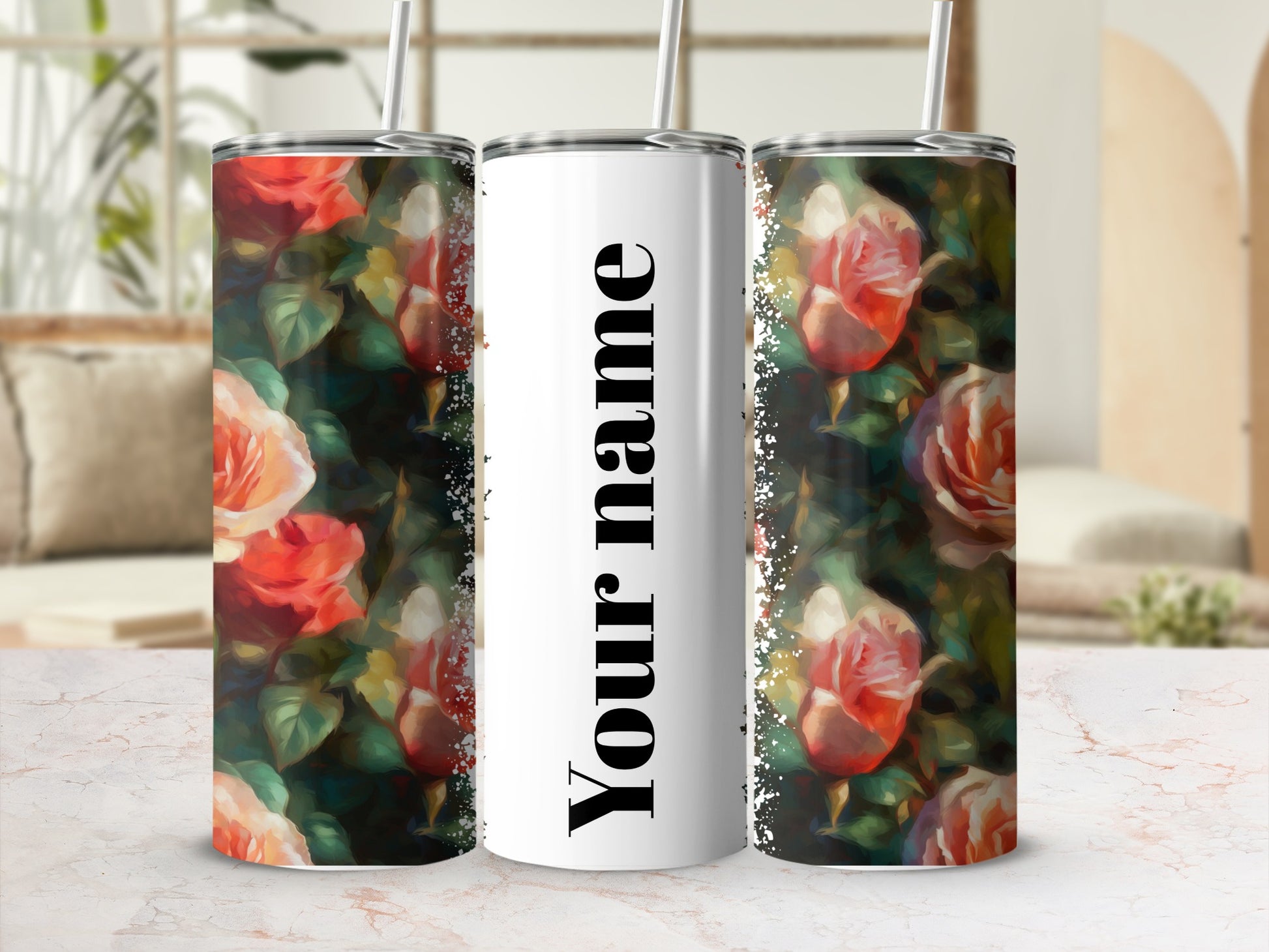 Personalized Floral Rose Design Insulated Tumbler