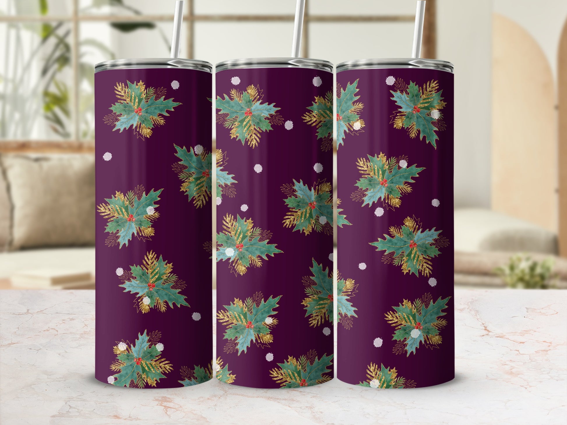 Dark purple tumbler with gold and green holly berry pattern.